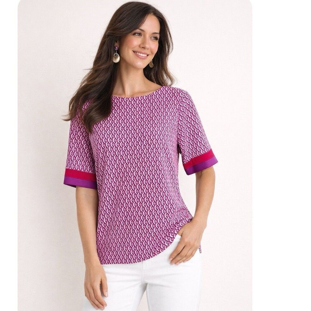 Chico’s Purple Pink Geometric Blouse Size 2 (L) Short Sleeve Gold Back Zipper